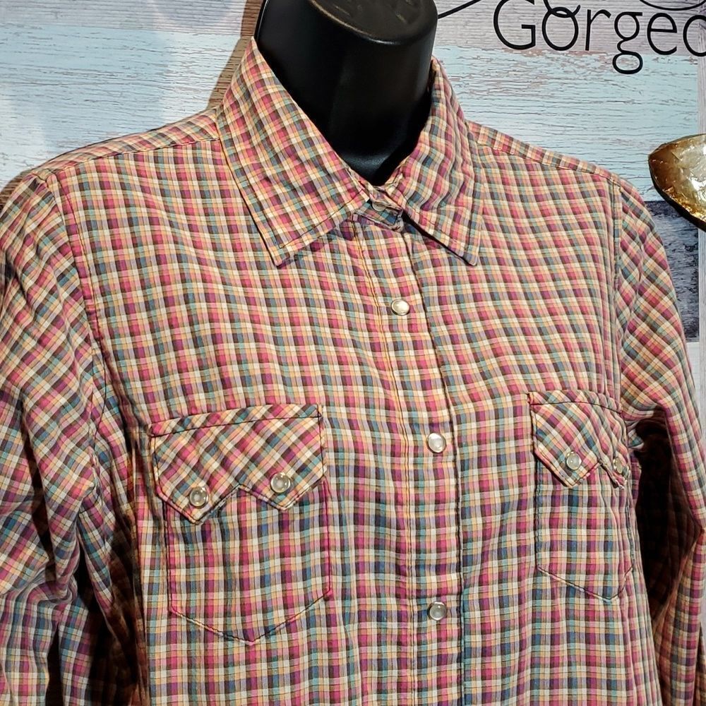 Wrancher Sz L Ladies Multi-color Plaid Pearl Snap Western Blouse Shirt Muted